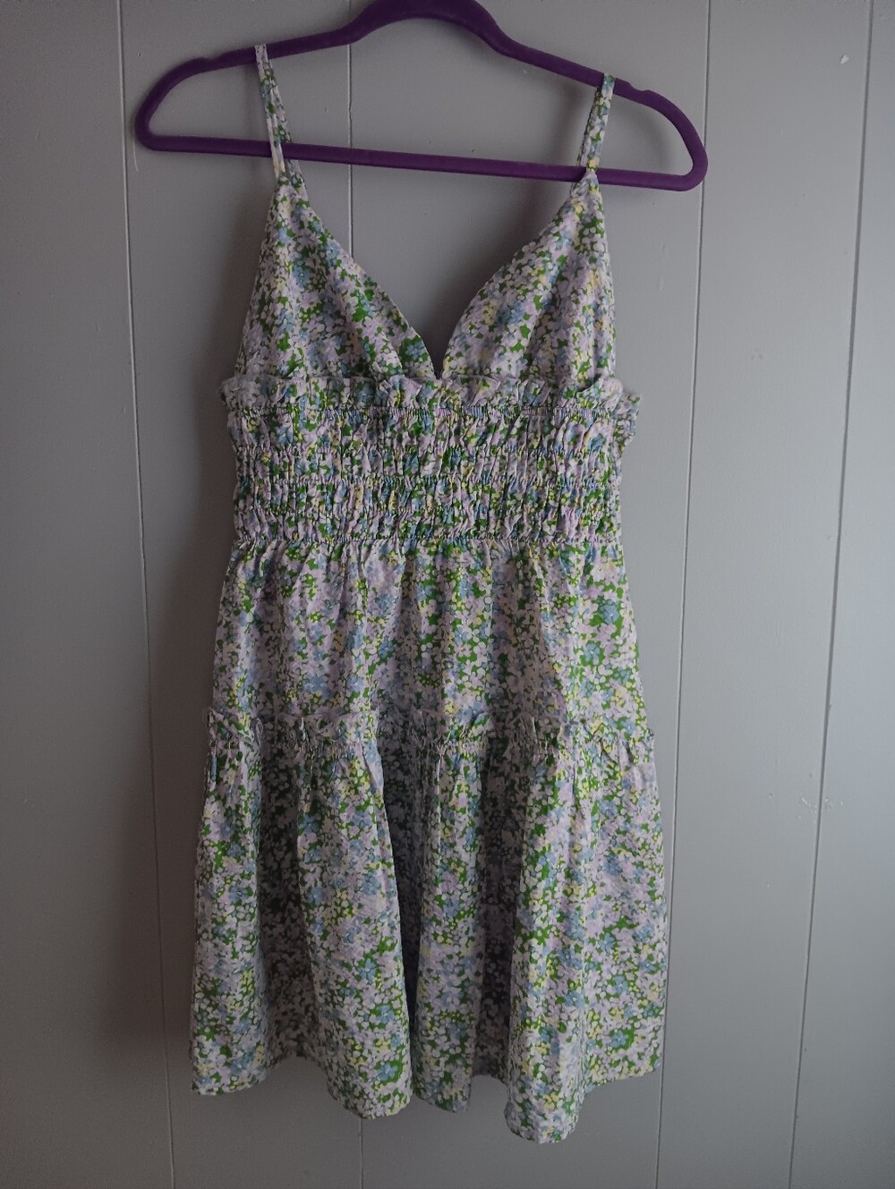 Lina Women’s Floral Smocked Sundress in Green and Purple M